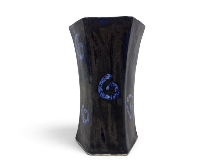 Handcrafted Hexagonal Cobalt & Tenmoku Spiral Studio Ceramic Vase