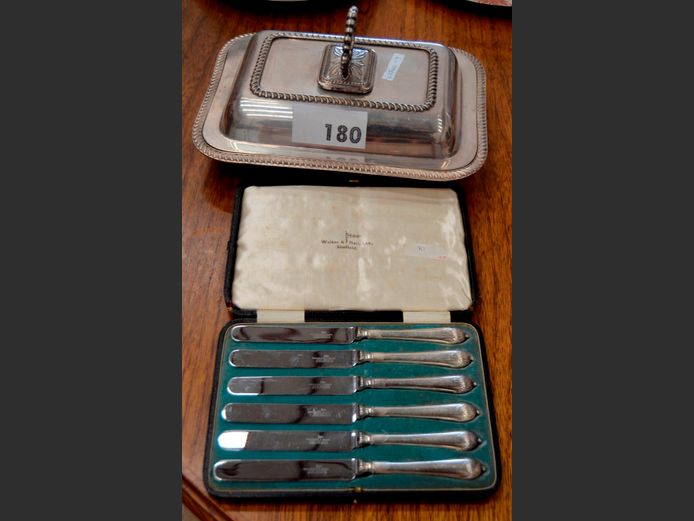 SILVER PLATE SERVING DISH WITH GLASS INSERT & LID & CASED SET SILVER PLATE KNIVES