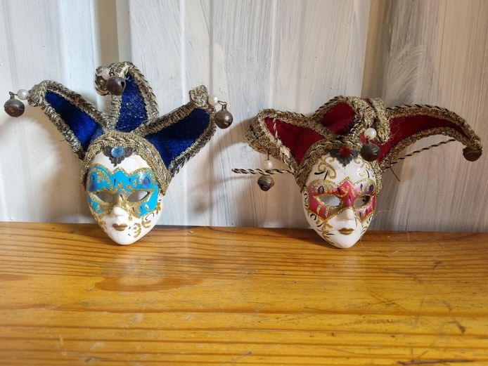 Pair of Miniature Venetian Jester Masks: Royal Blue and Velvet Red