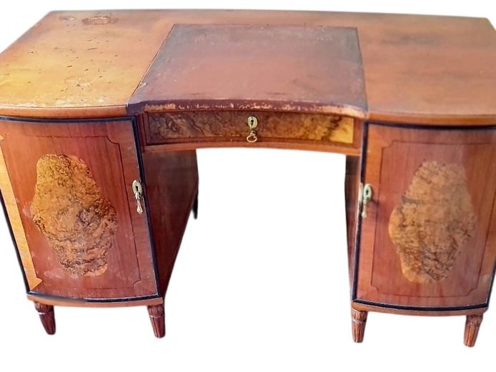Antique Burl Wood Inlay Bow-Front Writing Desk 