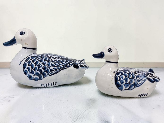 Set of Two Vintage Blue and White Hand-Painted Ceramic Ducks
