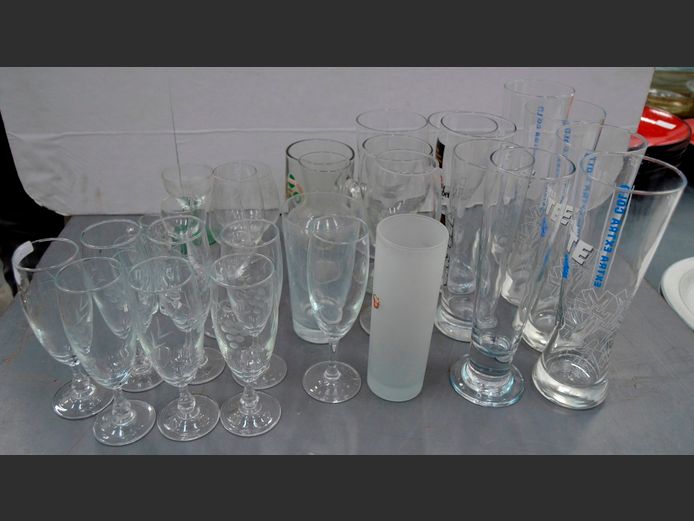 ASSORTED DRINKING GLASSES: BEER, WINE, etc