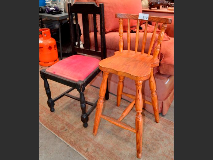 PINE COUNTER CHAIR, 62cm high, & A BLACK PAINTED DINING CHAIR