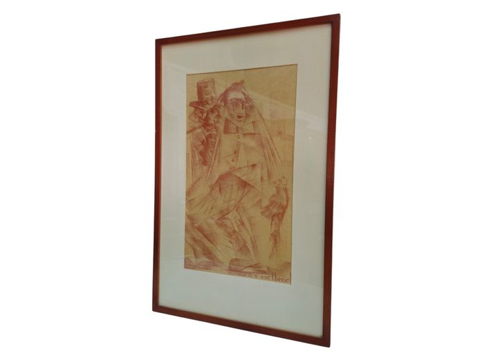 Framed Expressionist Sanguine Drawing of Harlequin Figures by Cees Rietbroek