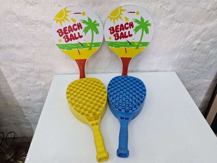 Pair of Wooden Beach Ball Bats and Pair of Honeycomb Plastic Beach Tennis Paddles