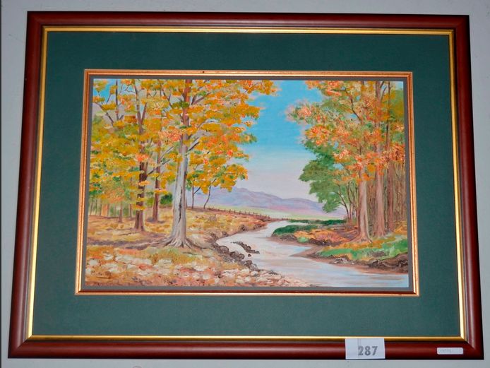GILT FRAMED OIL "FOREST & RIVER" SIGNED M. DU TOIT, 59 x 38.5cm