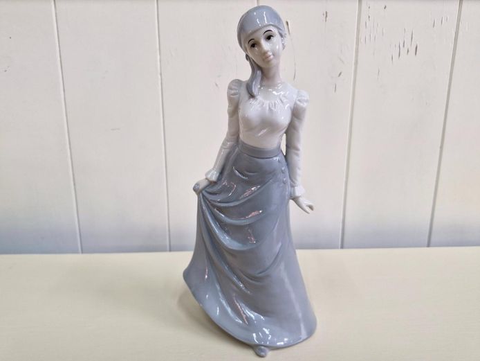 Ceramic Figurine Woman Dress Headscarf - Blue Grey Glaze