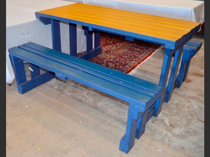 BLUE & YELLOW PAINTED PICNIC TABLE WITH BENCHES ATTACHED, 150 x 150 x 80cm