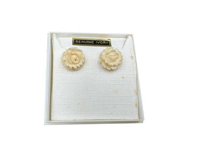 Vintage Genuine Carved Ivory Rose Stud Earrings in Original Presentation Box