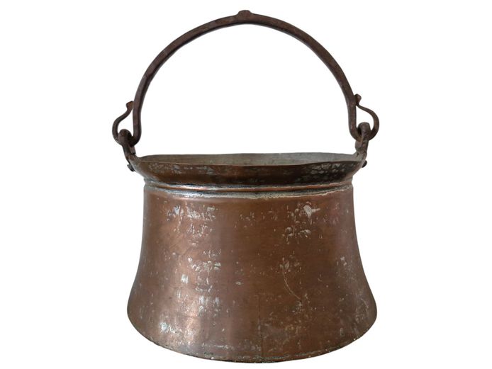 Antique Copper Cauldron with Hand-Forged Iron Handle