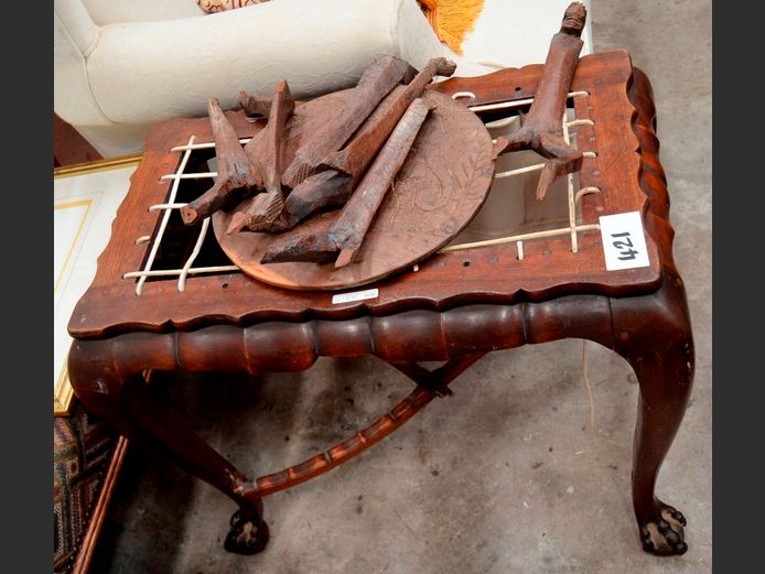 IMBUIA & RIEMPIE STOOL, 65 x 41 x 53cm [Strut needed, riempies need replacing]