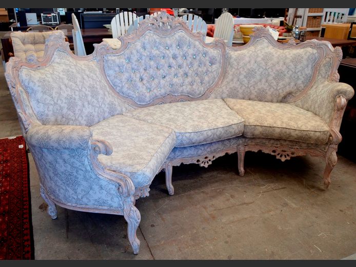 FRENCH STYLE PAINT TECHNIQUE SETTEE WITH GREY & WHITE UPHOLSTERY, 240 x 130cm