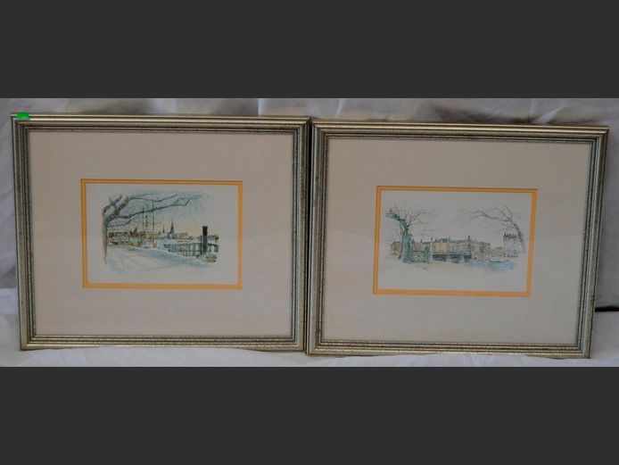 PAIR SILVER GILT FRAMED LITHOGRAPHS "STOCKHOLM", 19.5 x 13.5cm