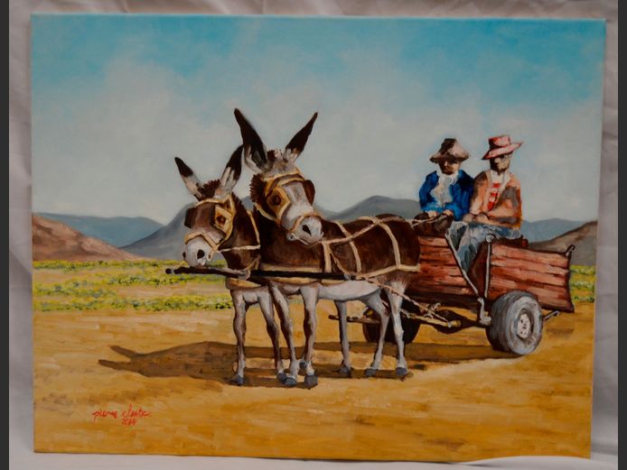UNFRAMED OIL ON CANVAS "DONKEY CART" SIGNED PIERRE CLOETE, 71 x 56cm