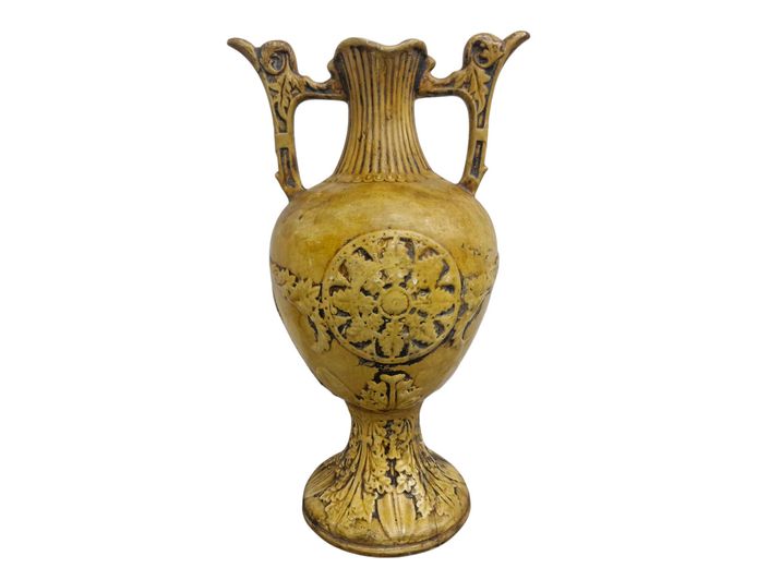 Large Antique 19th Century Neo-Grec Yellow Glazed Ceramic Amphora Vase