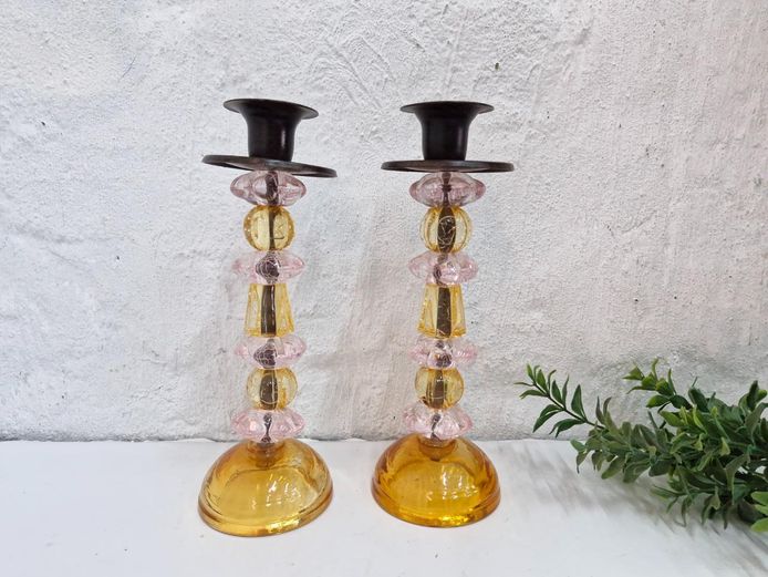 Pair of Stacked Colored Glass & Ceramic Candlestick Holders
