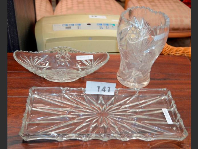 CRYSTAL: VASE, BOWL & SNACK PLATTER, 12cm Diameter x 18cm High, 24 x 11cm & 34cm x 5cm Respectively