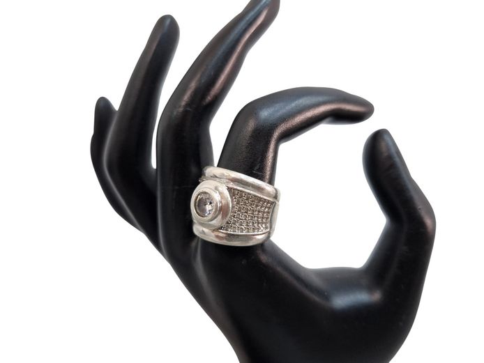 Sterling Silver Offset Bezel-Set Ring with Pavé Panel