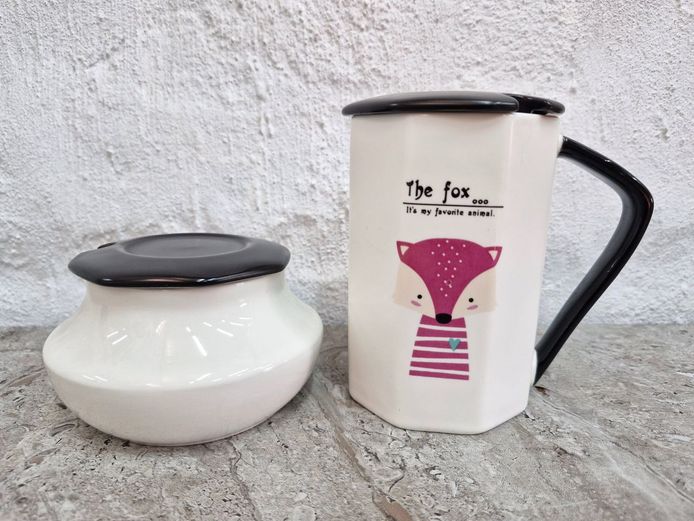 Modern Graphic Ceramic Set – Novelty "The Fox" Tall Mug and Coordinating Lidded Dish
