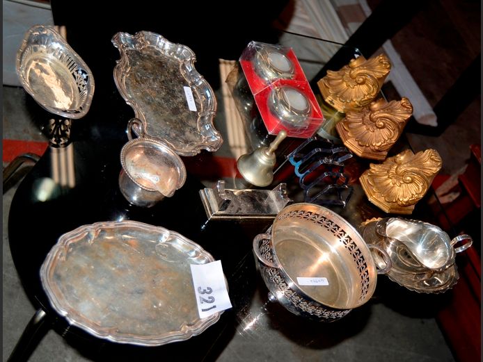SILVER PLATE PIERCED DISH, GRAVY BOAT, DINNER BELL, etc