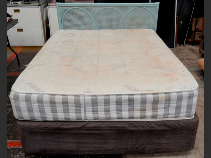 RESTONIC DOUBLE BED BASE & MATTRESS SET WITH CANE & RATTAN HEADBOARD [Needs a clean]
