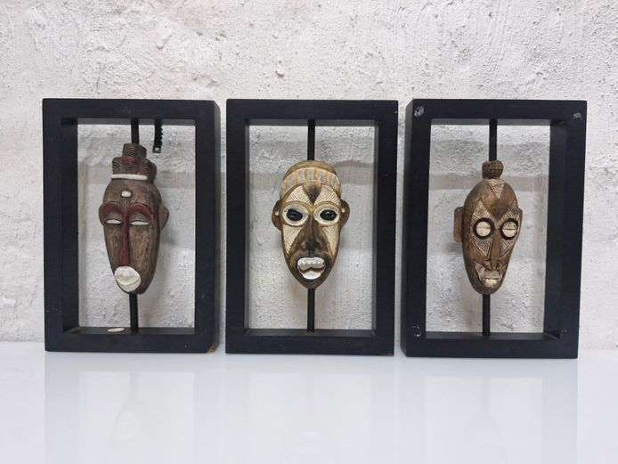 Triptych of Miniature Hand-Carved African Wall Masks in Floating Frames