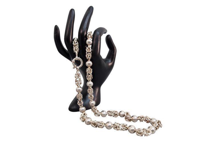 Sterling Silver Byzantine Link Necklace with Ball Accents