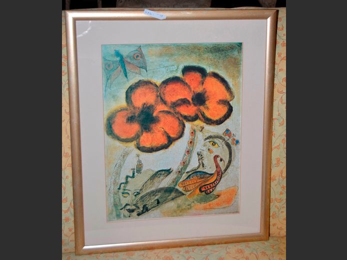GILT FRAMED PRINT "FLOWERS & BIRDS", 38.5 x 29.5cm