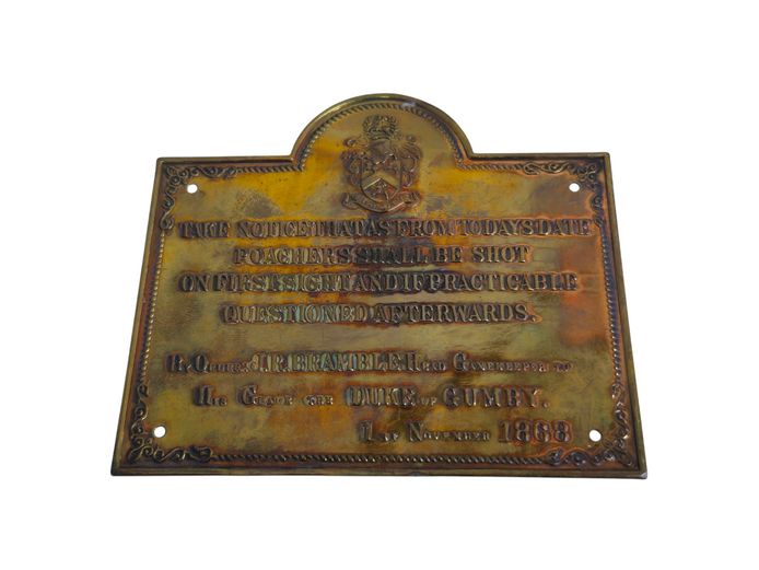 Victorian-Style Embossed Brass "Poacher Warning" Estate Plaque