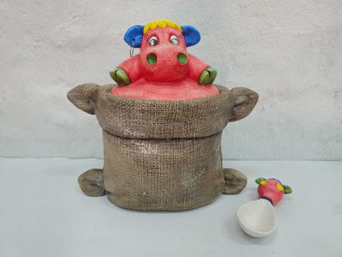 Hand-Painted Ceramic Cow Cookie Jar with Matching Scoop (1995)