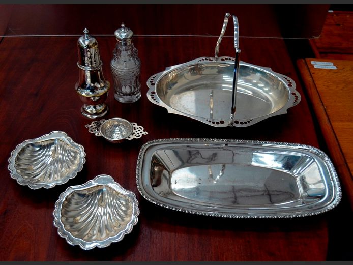 SILVER PLATE: SWEETS DISH, SUGAR SHAKER, etc
