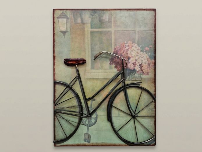 Vintage-Style Street Scene Wall Art with 3D Wire Bicycle Overlay