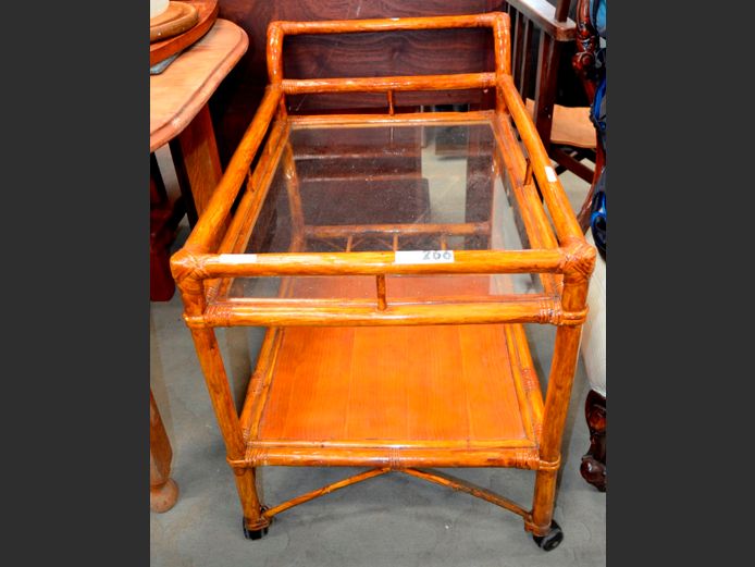 CANE 2-TIER GLASS TOP TEA TROLLEY, 78 x 52 x 73cm