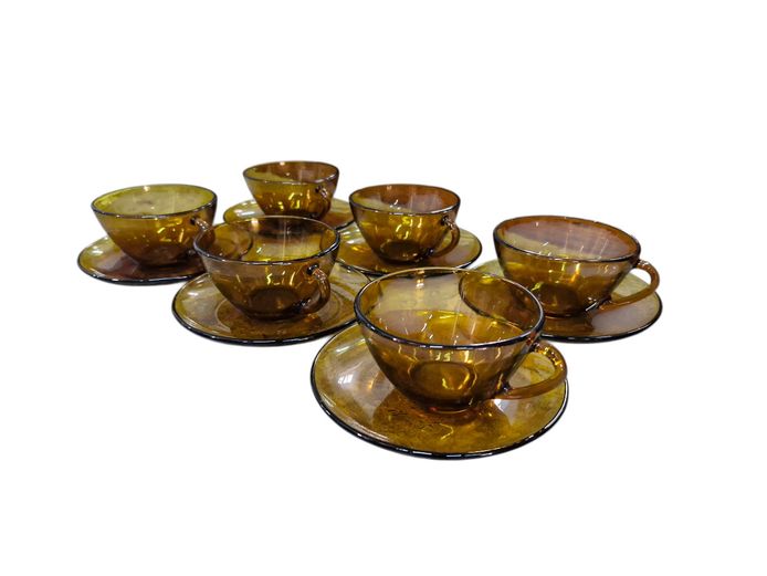 Mid-Century Duralex Amber Glass Cup and Saucer Set - Set of 6