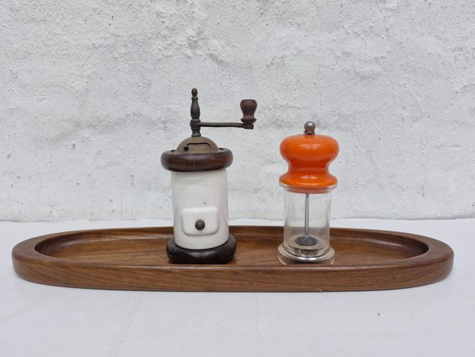 Mid-Century Modern Ceramic Pepper Mill & Spice Grinder Set with Wooden Tray