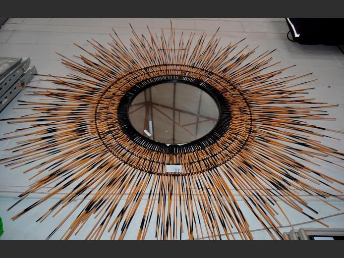 UNUSUAL METAL & WOOD CIRCULAR "QUILL" MIRROR, 180cm Diameter