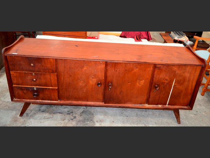 MID-CENTURY IMBUIA 3-DOOR, 3-DRAWER SIDEBOARD, 201 x 46 x 88cm [Needs attention]