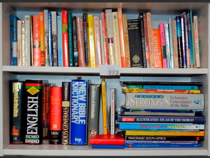 LOT ON 2 SHELVES: ATLAS OF THE WORLD, ASSORTED DICTIONARIES, etc