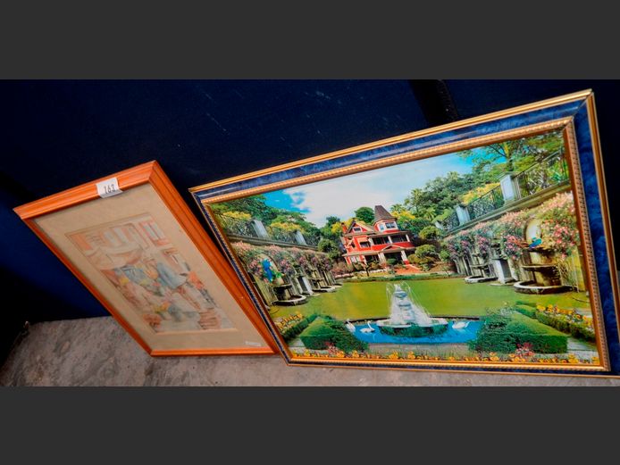 FRAMED WATERCOLOUR "ARRANGING FLOWERS" & A PRINT ON BOARD "HOUSE", 66 x 44cm & 38 x 31cm