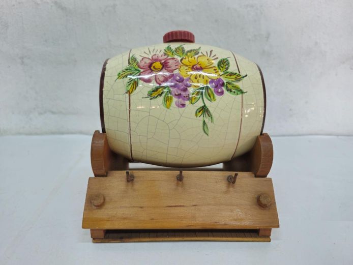 Vintage Hand-Painted Ceramic Barrel Dispenser on Wooden Stand