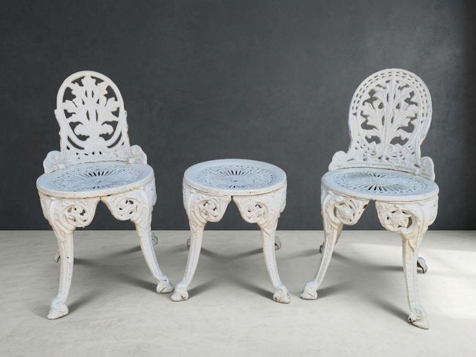 Victorian Style Cast Iron Bistro/Patio Set comprising Two Chairs & Stool/Side Table