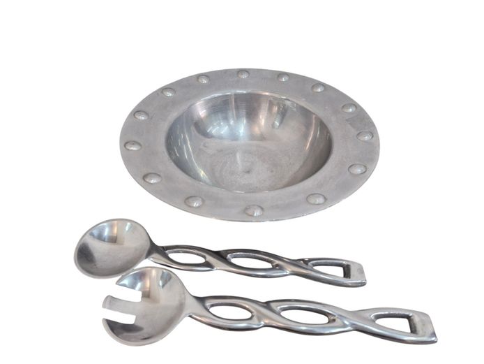 Polished Aluminium Salad Serving Bowl with Spoon and Fork