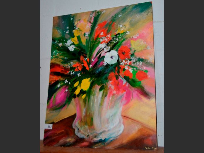 UNFRAMED OIL ON BOARD "FLOWERS IN VASE" SIGNED ROBIN MANN, 108 x 87cm