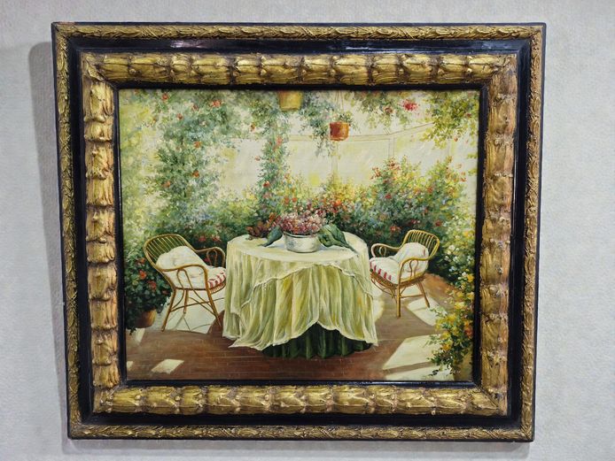 Garden Patio Scene Painting, Framed 