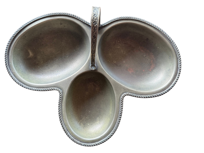 Vintage Pewter Three-Section Serving Dish with Decorative Handle
