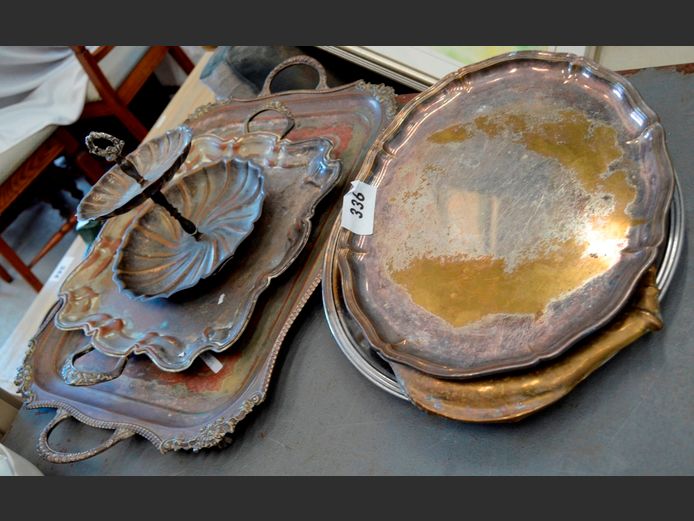 SILVER PLATE TWIN HANDLED TRAY, TAZZA STAND, etc [Tarnished]