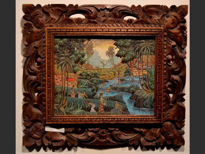 ORNATELY CARVED FRAMED PAINTING "INDONESIAN SCENE", 23.3 x 18.4cm