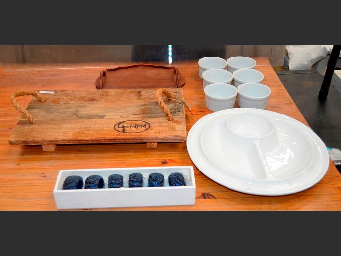 WHITE CERAMIC SNACK PLATTER, WOODEN CHARCUTERIE BOARD, RAMEKINS, BEADED NAPKIN RINGS, etc