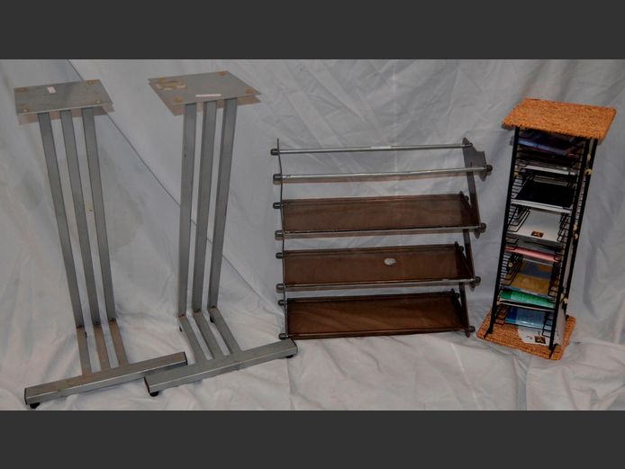 PAIR GREY METAL SPEAKER STANDS, CD RACK & SMALL METAL DESKTOP SHELF
