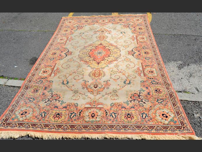 PINK, BEIGE & GREEN MACHINE MADE PERSIAN CARPET, 300 x 200cm